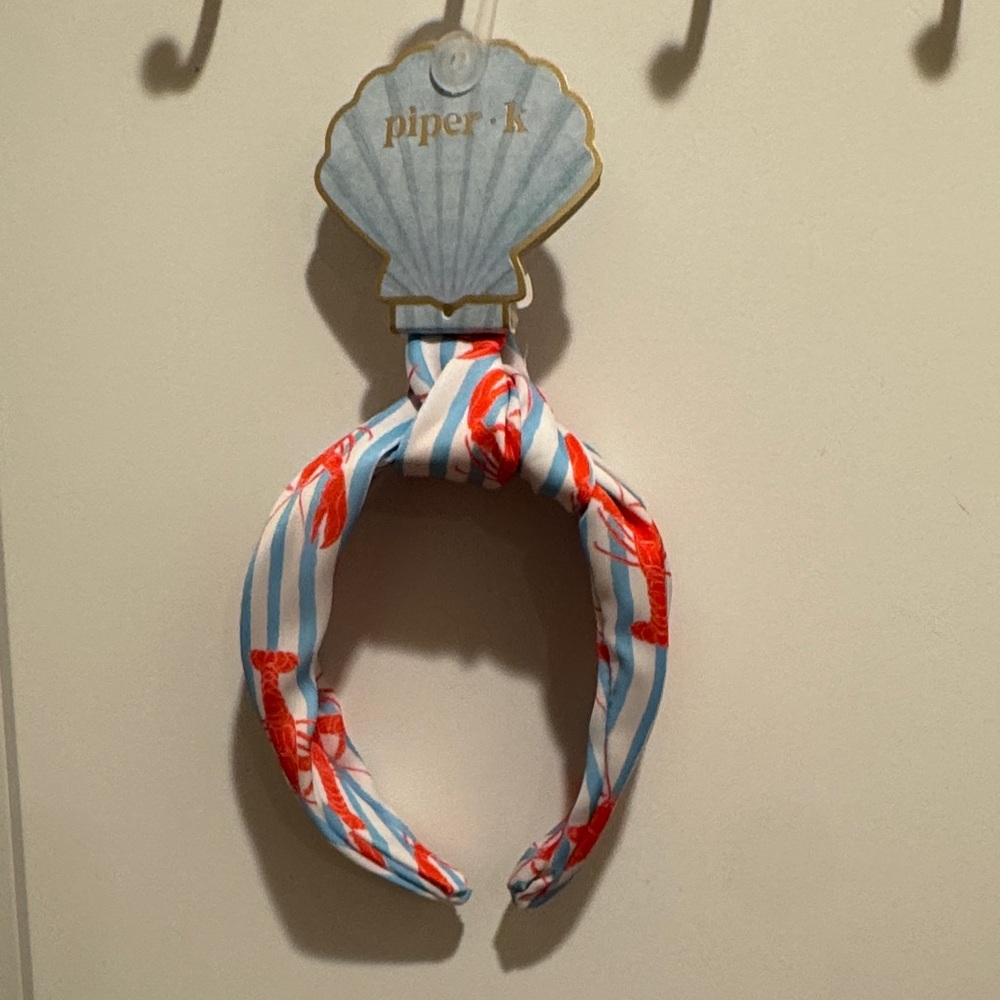 Piper K Red Crab Print Knot Headband on Blue & White Stripes
